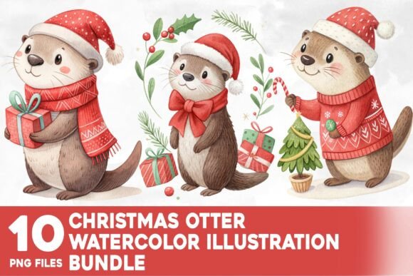Christmas Otter Watercolor Bundle: Cute Illustrations