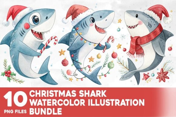 Christmas Shark Watercolor Bundle: Unique Illustrations