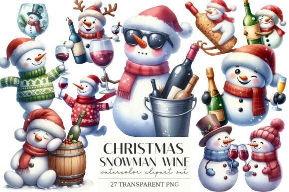 Christmas Snowman Wine Clipart: Festive Illustrations