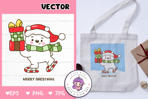 Cute Polar Bear Play Skate Christmas Box Illustrations