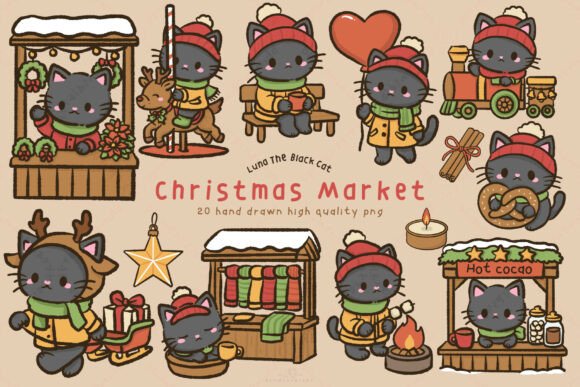 Kawaii Black Cat Christmas Market Illustrations