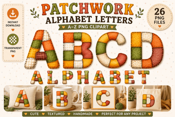 Warm Rustic Patchwork Alphabet Letters: Illustrations