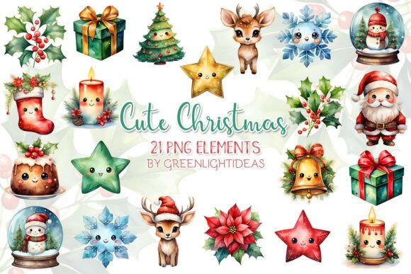 Watercolor Kawaii Christmas Clipart for Illustrations